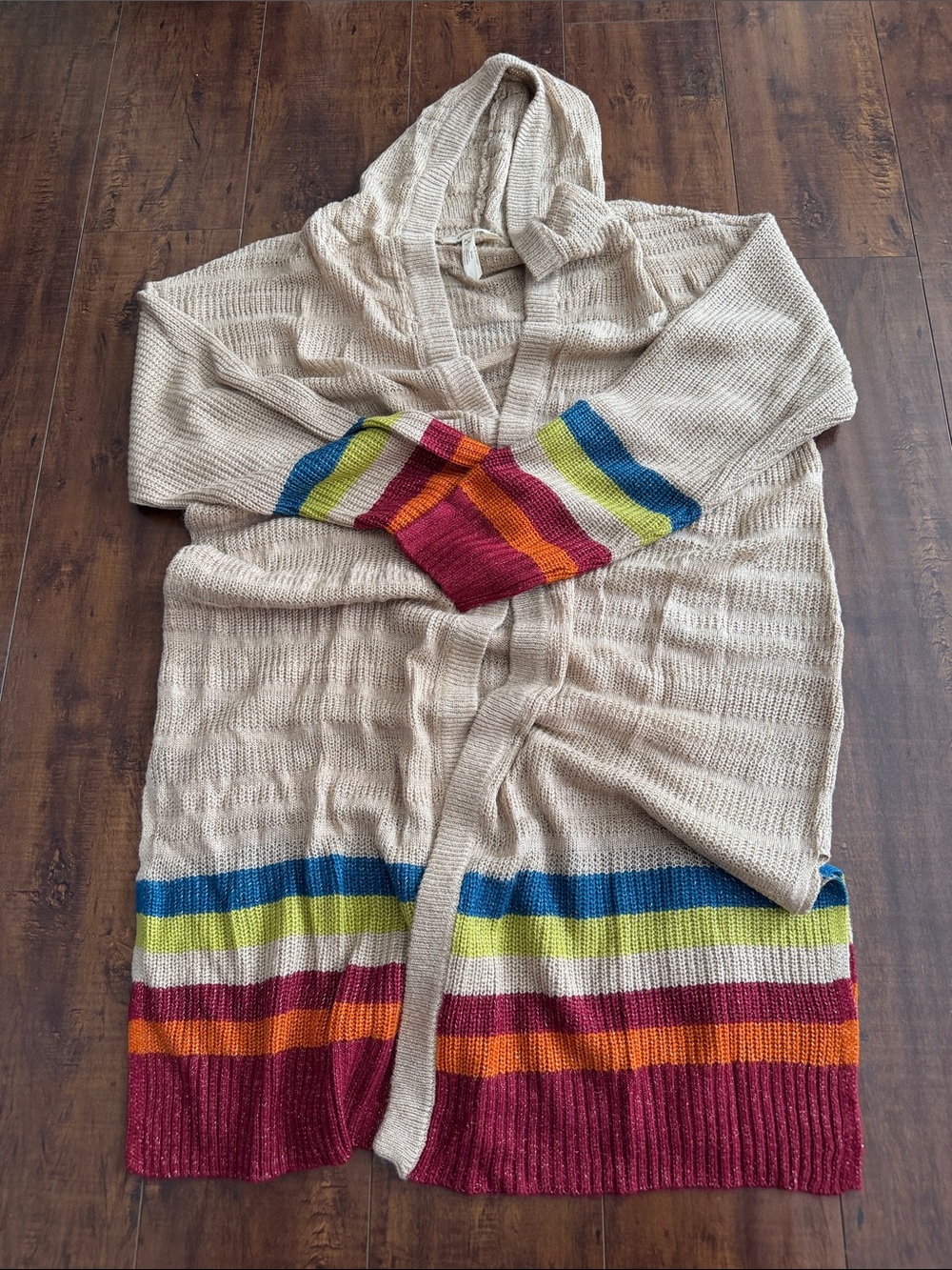 Matilda Jane Beige Hooded Cardigan with Rainbow Stripe Accents